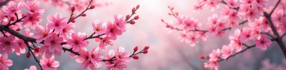 Obraz premium Pink blossoming branches create a lush, artistic spring border , elegant, light