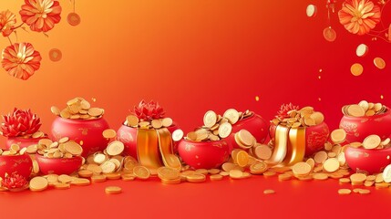 Glowing Prosperity: Red and Gold Wealth Celebration with Ingots and Coins on Gradient Background