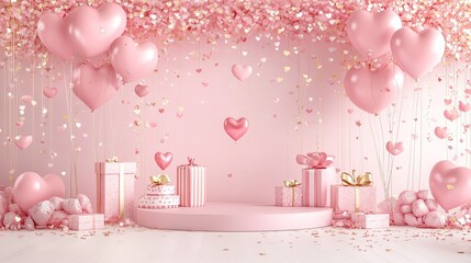 The pale pink podium is decorated with heart-shaped balloons and gift boxes, creating a festive atmosphere for Valentine's Day.