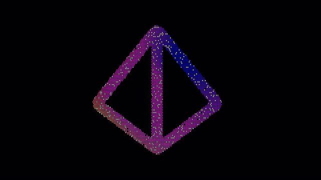 Icon dice d4 is made up of LED square shapes that shimmer and flicker. There are black dead diodes. In-Out looped. Alpha BW at the end