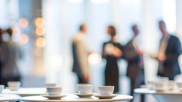 A soft blur of a breakfast event where professionals network over morning coffee.

