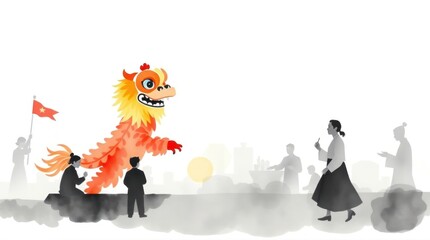 Naklejka premium Lion dance performance, street festival, city background, celebration illustration.