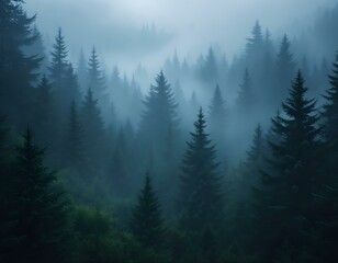 Fototapeta premium Misty Forest: Enigmatic Coniferous Trees in a Serene Blue Haze