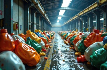 Plastic recycling in the factory, free space for text on the side