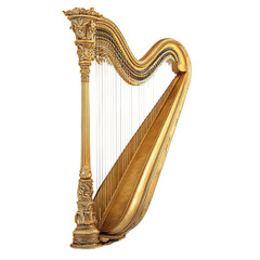 golden harp instrument reminisce white background