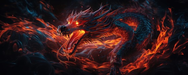 Abstract of Chinese Dragon fire with smoke and glowing on dark and white background collection, Chinese New Year Theme.