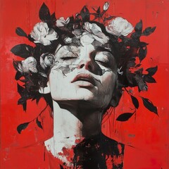 Serene Woman with Flower Crown: A Red and Black Portrait