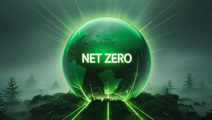 Net Zero Emissions and Climate Neutral Strategy Illustrated with Green Text Bubbles Floating Over a Forest, Representing Carbon Neutrality and Environmental Sustainability