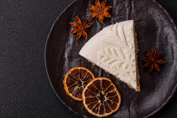 Piece of cheesecake with nuts and berries with winter pattern