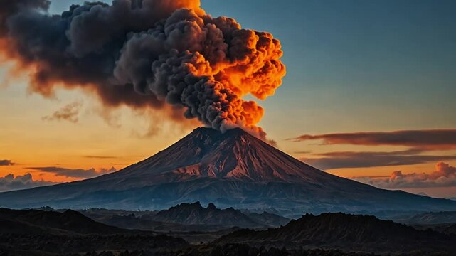 burning volcano in the clouds