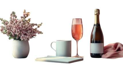 Champagne with Notebook for Print on Transparent Background