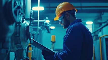 A man in a blue jacket is reading a book while wearing a yellow helmet