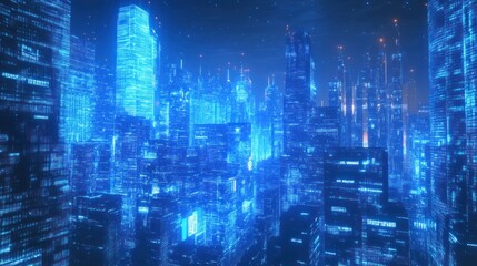 Obraz premium Futuristic Cityscape Illuminated with Neon Blue