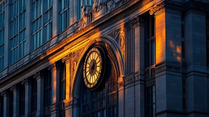 Golden Sunset Illuminates Building Clock And Facade