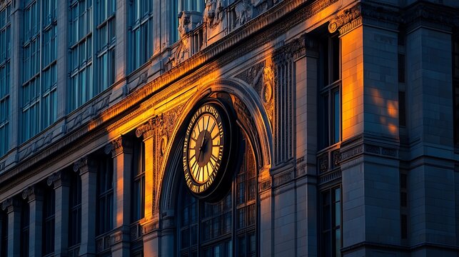 Golden Sunset Illuminates Building Clock And Facade