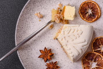 Piece of cheesecake with nuts and berries with winter pattern