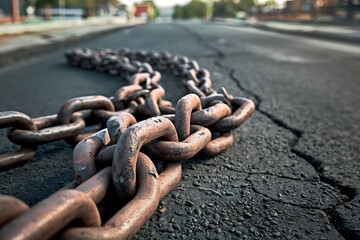 A heavy, rusty chain lies on a cracked asphalt road. The chains links are thick and worn, suggesting age and heavy use. The background is blurred, focusing on the chain.