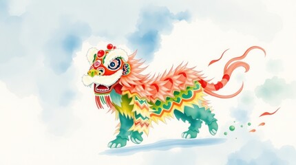 Obraz premium Colorful lion dance, celebration, Asian culture, watercolor background, festive greeting card.