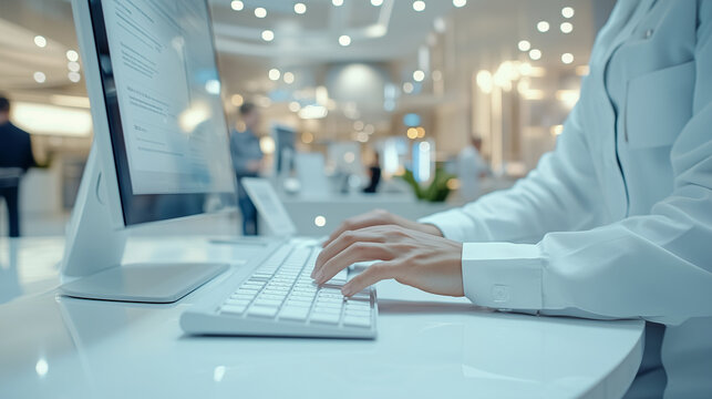 Close up image of woman hands typing on laptop computer keyboard and surfing the internet on office table, online, working, business and technology, internet network communication concept
