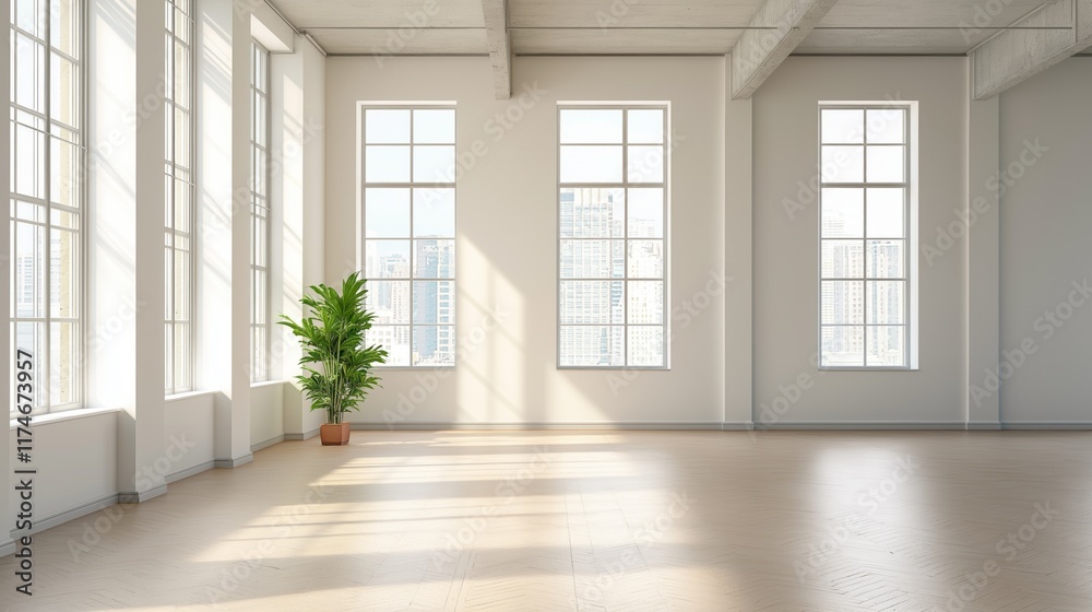 Poster spacious interior showcasing a modern empty apartment filled with natural light from large windows. 
