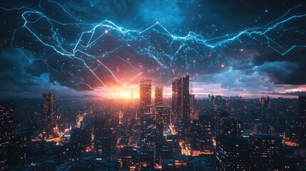 Stunning Urban Landscape with Lightning and Dramatic Sunset Sky