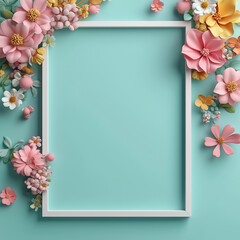 designed square floral frame with a soft pastel pink background. The frame is decorated with intricately crafted paper flowers in shades of pink, blue, yellow, and white, creating a delicate and artis