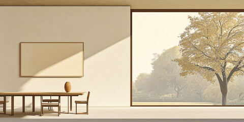 Ein modernes Wohninterieur mit leerer Wand, Holzmöbeln und einem großen Fenster mit Blick auf die Natur, ein Konzept minimalistischen Designs