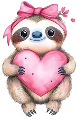 Obraz premium Adorable Valentine s Day Watercolor of a Sloth Holding a Heart Shaped Pillow with a Bow