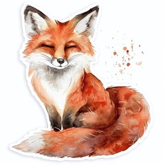 Obraz premium A charming watercolor illustration of a smiling fox with warm, detailed tones and a fluffy tail.