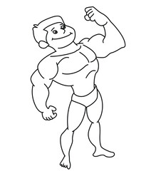 Cute cartoon hand drawn vector bodybuilder man outline.