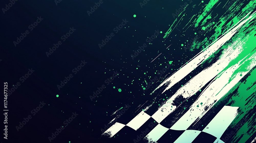 Poster abstract checkered flag graphic design with dynamic brushstrokes and splashes of vibrant green and w