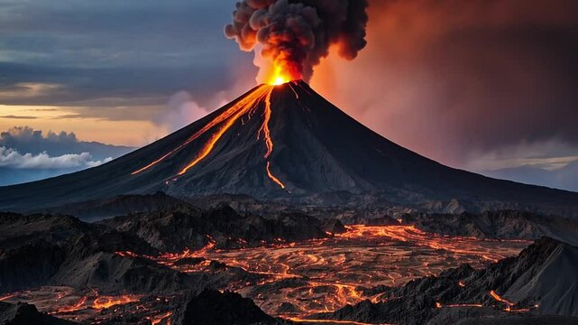 burning volcano in the clouds