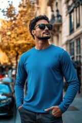 A stylish man in a blue color long sleeve T-shirt mockup and sunglasses stands confidently on a city street. Autumn leaves are visible in the background, creating a vibrant atmosphere.