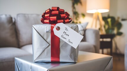 A silver gift box with a red ribbon and bow sits on a table. A tag reads To Mom from Son. Its a thoughtful present, likely for Mothers Day.