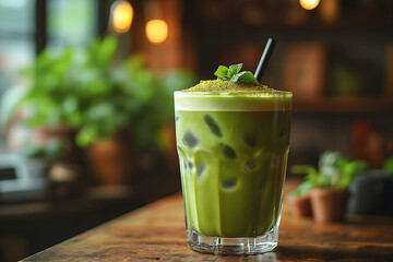 A refreshing iced matcha latte in a clear glass with ice cubes, topped with a frothy layer of milk, and a swirl of matcha powder on top. Vibrant green tones with a calming, minimalist aesthetic. 