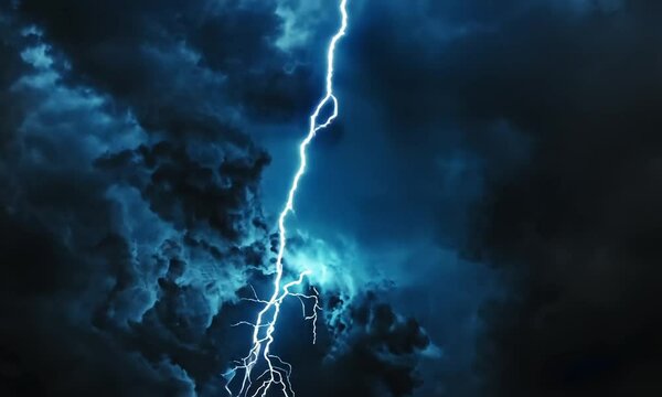 Dramatic Night Sky: A Stunning Lightning Bolt Pierces Dark Clouds