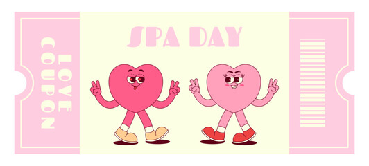 Love coupon with cute hearts characters in retro groovy style. A wish spa day. Valentines day, February 14 and other love holiday. Horizontal vector illustration