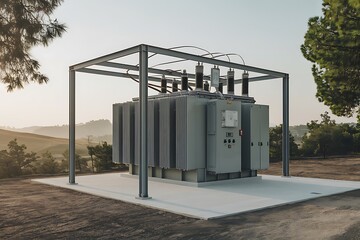 A large power transformer sits on a concrete pad under a metal frame, surrounded by trees and hills at sunrise. The equipment is new and grey.