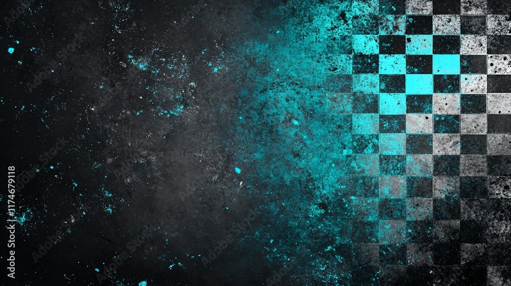 Aufkleber checkered flag on dark textured background with teal highlights.