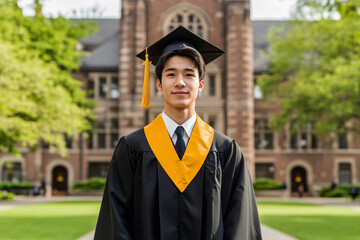 young man in a black graduation gown stands in front of a brick building with a yellow cap and gown