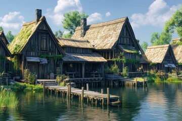 Obraz premium A lakeside traditional house with rustic wooden walls, a thatched roof, and a small pier over the water