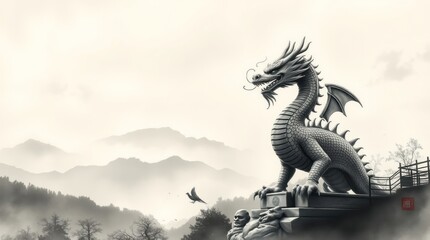 Majestic stone dragon statue overlooking misty mountains.