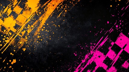 Obraz premium Abstract background with vibrant orange and pink paint splatters on a dark grunge surface.
