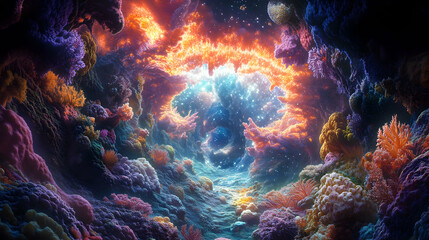 Fototapeta premium A vibrant underwater scene featuring colorful corals and ethereal lighting, creating a magical oceanic atmosphere.