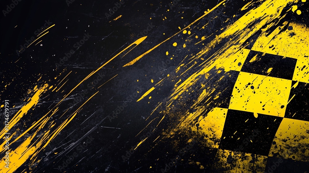 Poster Abstract checkered flag design with dark background and vibrant yellow splatter.