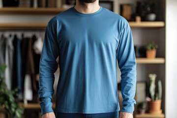 A man wearing a blue color long sleeve T-shirt mockup stands in front of a shelf filled with plants and clothing. The background features a cozy indoor setting with various items displayed.