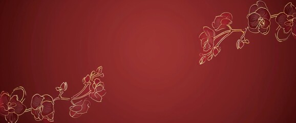 Chinese New Year Red Background with Elegant Chinese-Style Line Drawing Orchid Decoration Pattern, copy space for text or creative graphics.