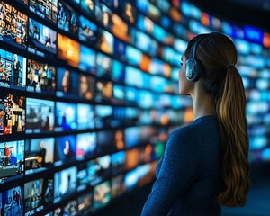 Woman with headphones viewing a large video wall.