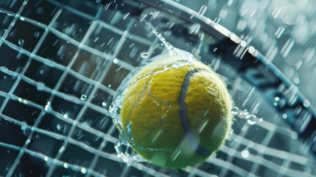An intense close-up of a tennis ball just as it makes contact with the racket,