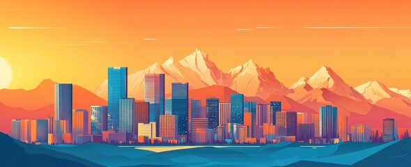 A panoramic view of the skyline of Denver, Colorado, during the golden hour, with the Rocky Mountains in the background and the buildings lit up against an orange sky